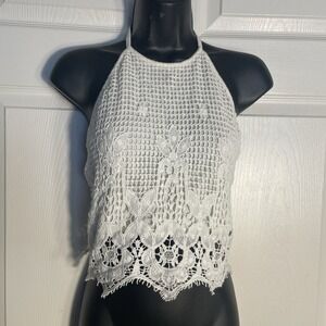 Express Crochet Halter Top Women S White Dainty‎ Cropped Tied Back Y2K Festival